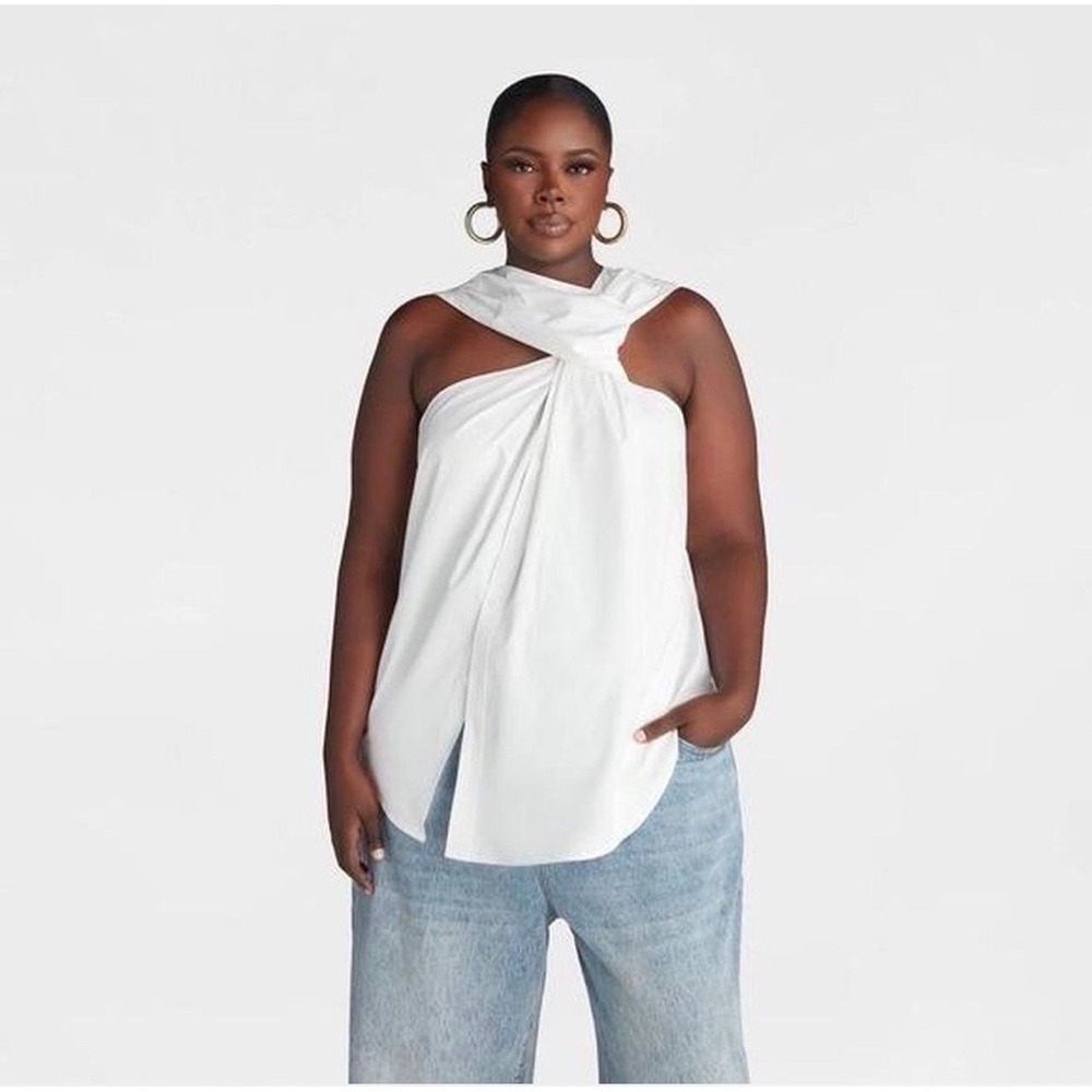 KBB by Kahlana Womens White Cotton Poplin Twisted Asymmetric Halter Top XL NEW